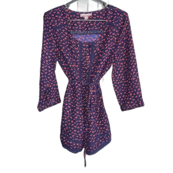 A Pea In The Pod Floral Navy Blue Blouse Top With Tie Belt Maternity Tunic Sz M - Picture 2 of 9